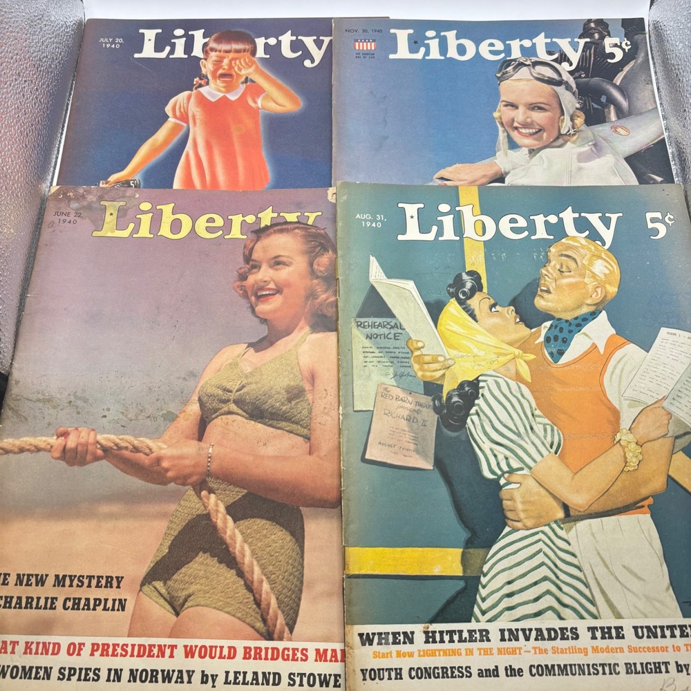 4 Vintage 1940 Liberty Magazines WWII Era Charlie Chaplin Hitler Invasion Art